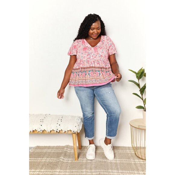 Double Take Bohemian Decorative Button Tie-Neck Peplum Blouse - Picture 6 of 14